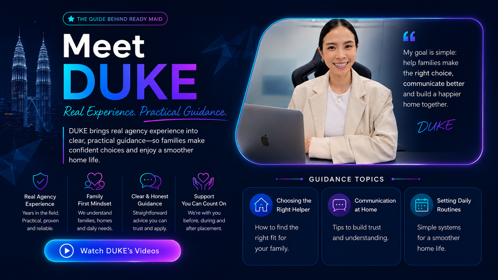 Meet DUKE guidance section featuring DUKE, her practical agency experience and guidance topics