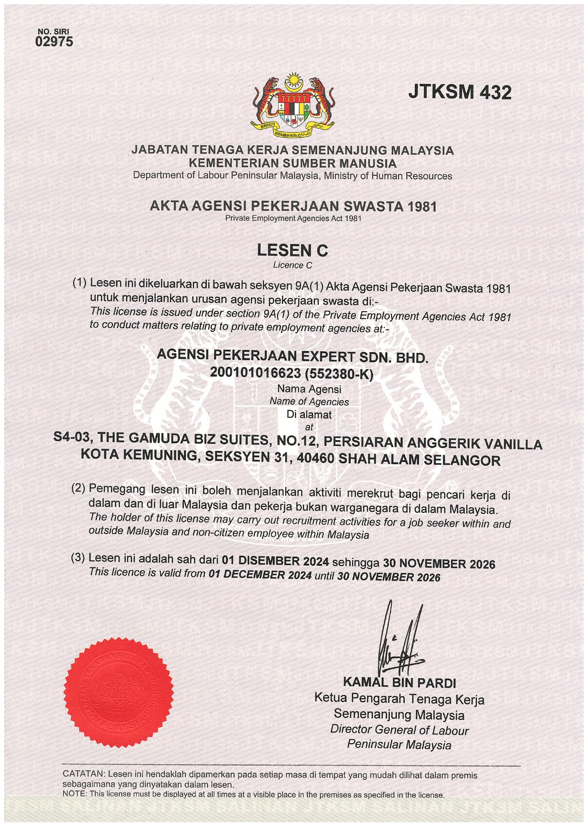 Official Licence C issued to Agensi Pekerjaan Expert Sdn. Bhd., JTKSM 432